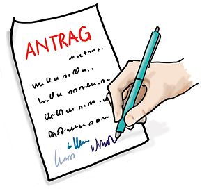 Ein Blatt Papier mit der Überschrift "Antrag"